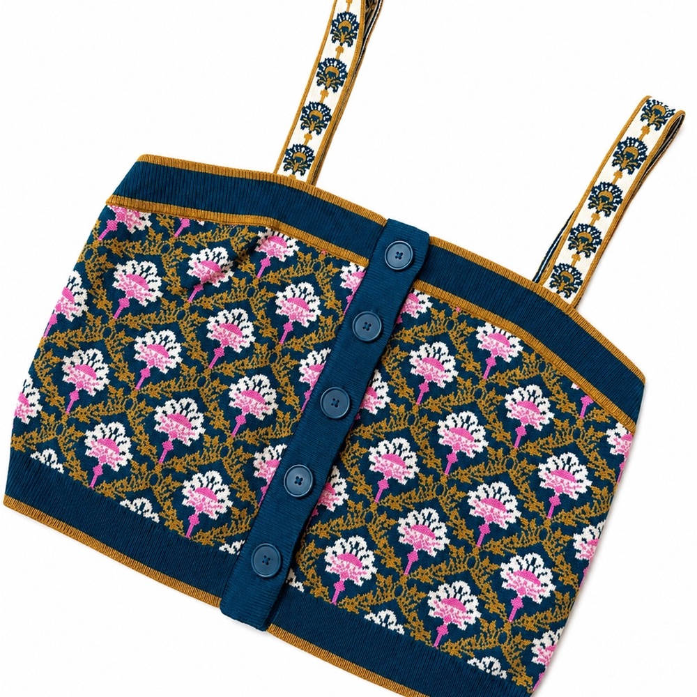 Anthropologie by Maeve Floral Knit Button-Front Crop Top - Blue and Pink